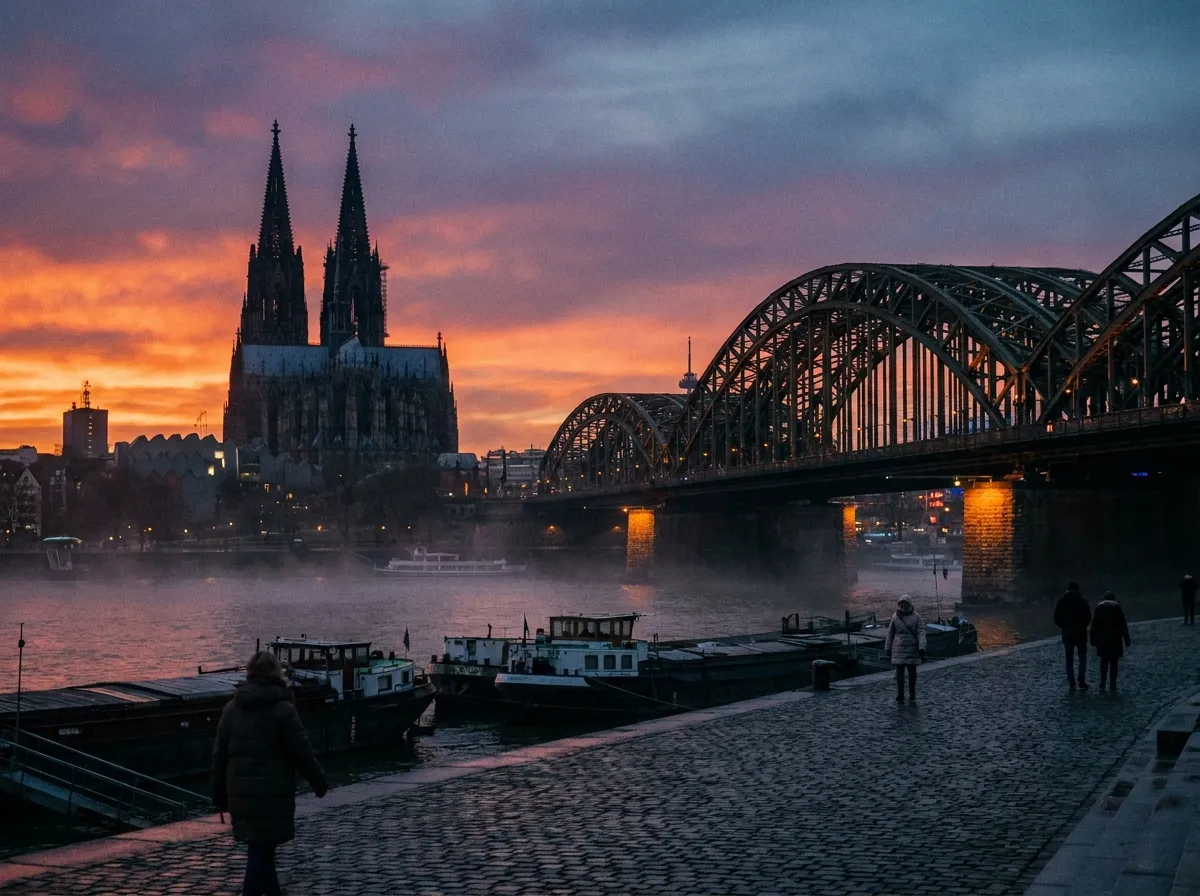 Kölner Dom und Hohenzollernbrücke bei Sonnenuntergang über dem Rhein