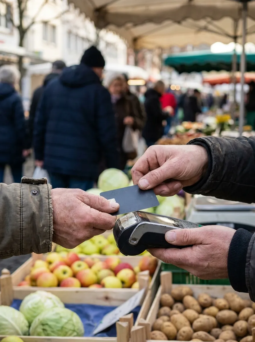 Kartenzahlung am Terminal an einem Marktstand - kontaktlos bezahlen mit Kassen West