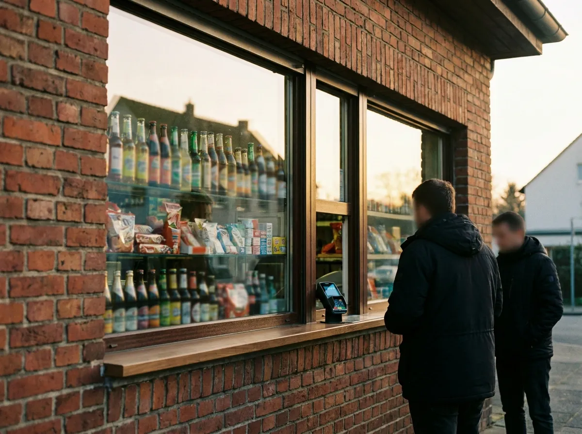 Büdchen-Fenster mit Getränken und Snacks hinter Glas und Kartenterminal auf dem Sims
